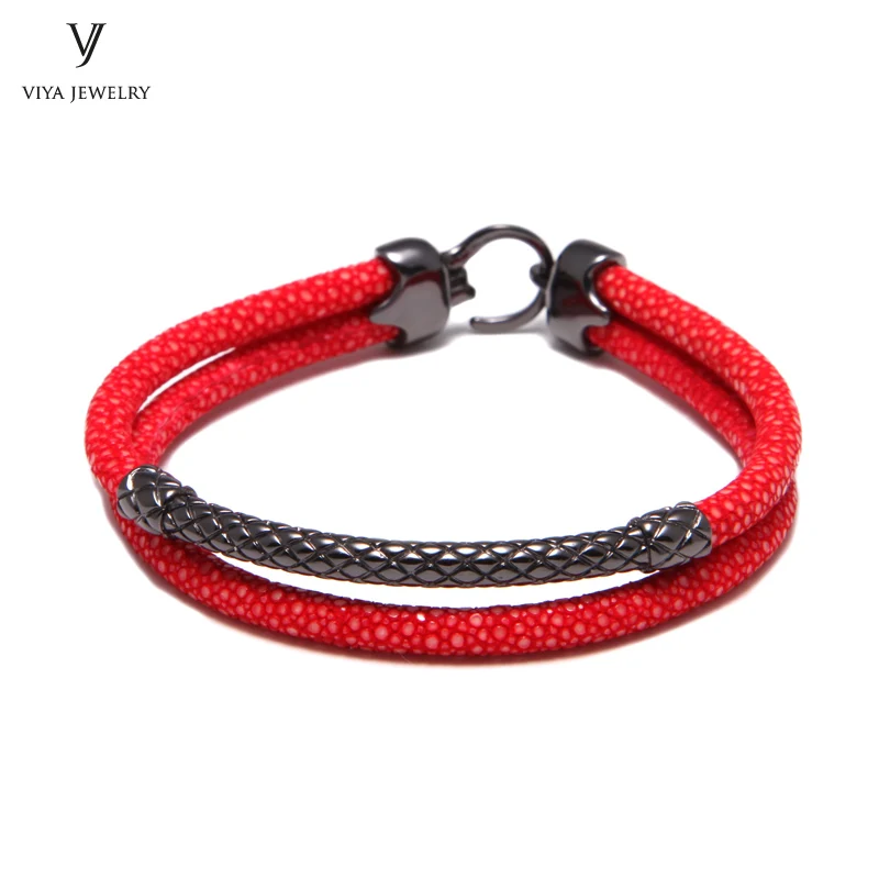 Handcrafted Luxury Custom Stingray Silver Bracelets Two hand-wrapped Stingray leather cords Men Bracelet With Pure Silver Clasp-VSST-03 (6)