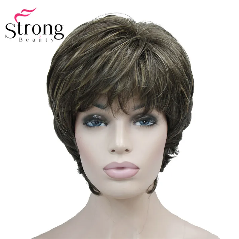 

StrongBeauty Short Layered Brown Highlighted Shag Classic Cap Full Synthetic Wig Women's Wigs COLOUR CHOICES