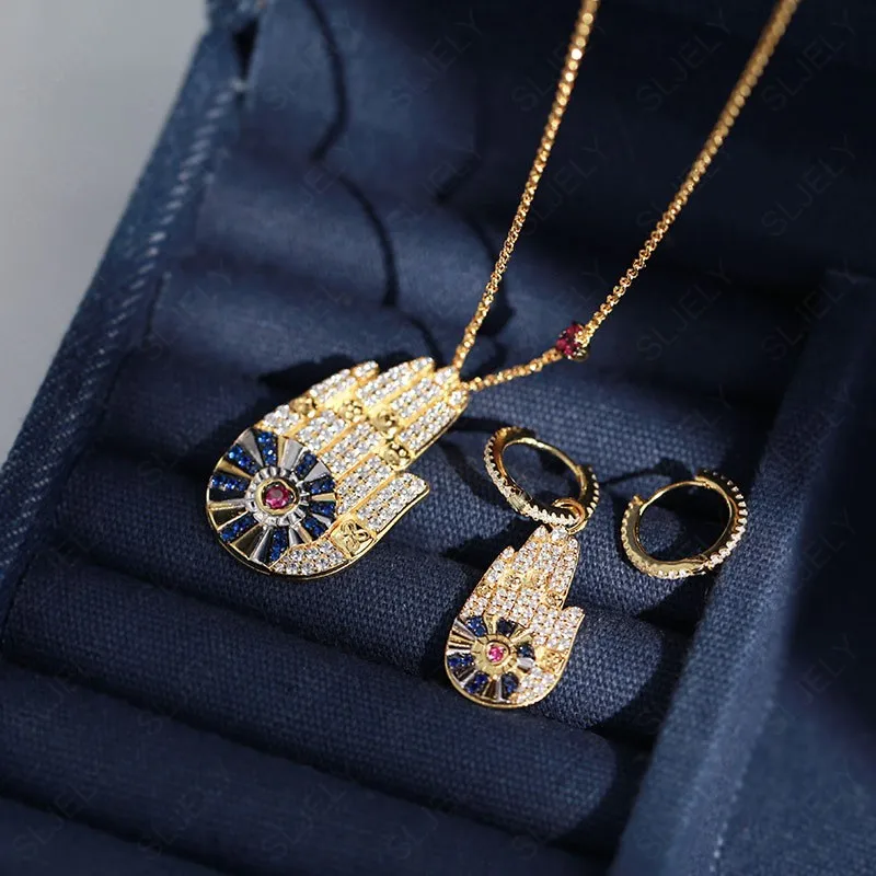 SLJELY Women 925 Sterling Silver Jewelry Set Yellow Gold Color Hamsa Lucky Hand Pendant Necklace Asymmetric Charm Palm Earrings
SLJELY Women 925 Sterling Silver Jewelry Set Yellow Gold Color Hamsa Lucky Hand Pendant Necklace Asymmetric Charm Palm Earrings