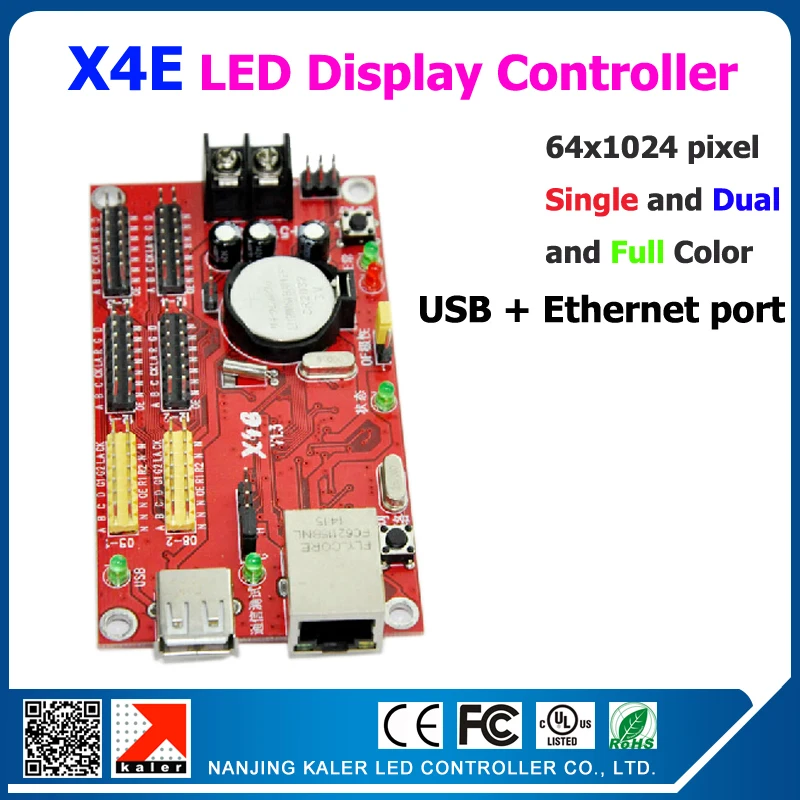 kaler Support single color 1024*64pixel,dual color 512*64pixel,full color 32*512pixel X4E ethernet and usb led controller card
kaler Support single color 1024*64pixel,dual color 512*64pixel,full color 32*512pixel X4E ethernet and usb led controller card