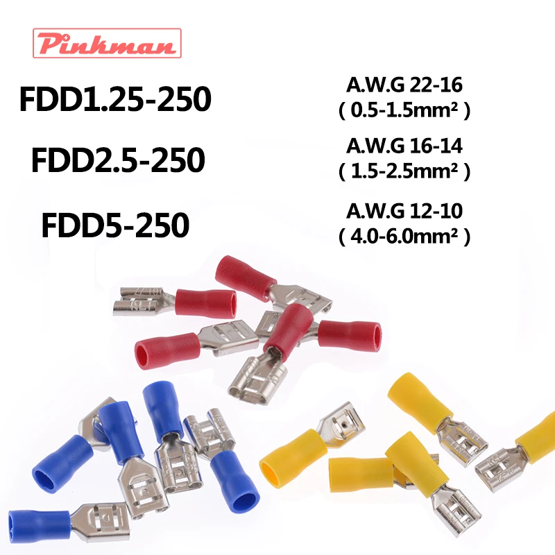 FDD Female Insulated Electrical Crimp Terminal for 0.5-6mm2 Connectors AWG 22-10 Cable Wire Connector
FDD Female Insulated Electrical Crimp Terminal for 0.5-6mm2 Connectors AWG 22-10 Cable Wire Connector
