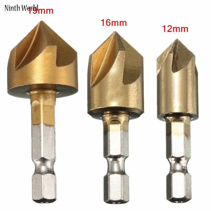 3pcs 12/16/19mm 5 Flute Chamfer Countersink 1/4" Hex Shank HSS 90 Degree Wood Chamfering Cutter Chamfer Countersink Drill Bit
3pcs 12/16/19mm 5 Flute Chamfer Countersink 1/4" Hex Shank HSS 90 Degree Wood Chamfering Cutter Chamfer Countersink Drill Bit