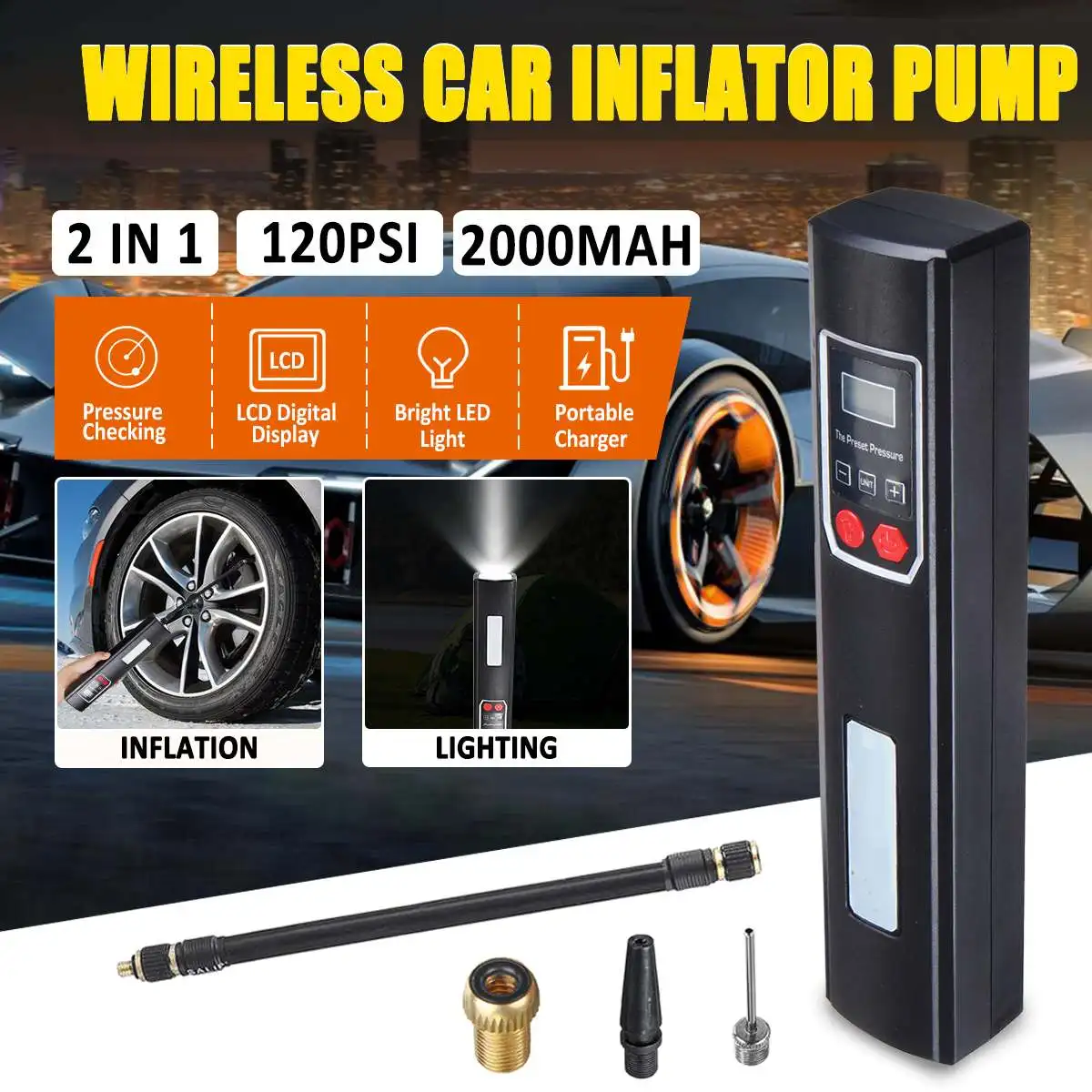 120PSI Mini Inflator Electric Portable Car Bicycle Bike Pump Electric Auto Air Compressor Bicycle Pumps with LCD Display 2000mAh
120PSI Mini Inflator Electric Portable Car Bicycle Bike Pump Electric Auto Air Compressor Bicycle Pumps with LCD Display 2000mAh
