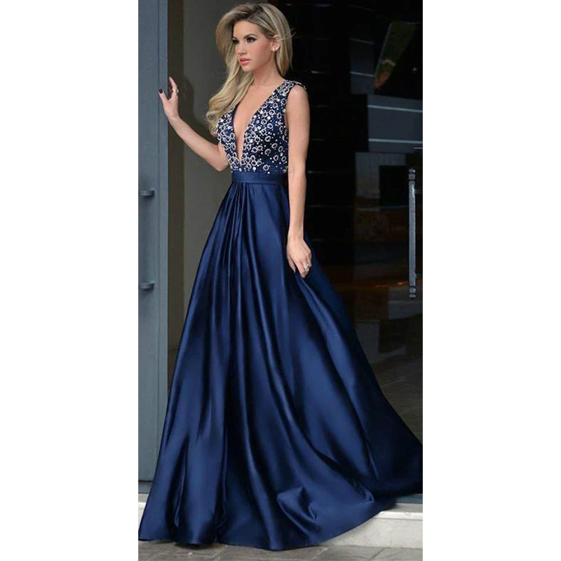Elegant Sexy Blue Evening Dresses V-neck Beaded Navy Prom Dress A-line Long Fashion Evening Gowns Custom Made Robe De Soiree
Elegant Sexy Blue Evening Dresses V-neck Beaded Navy Prom Dress A-line Long Fashion Evening Gowns Custom Made Robe De Soiree
