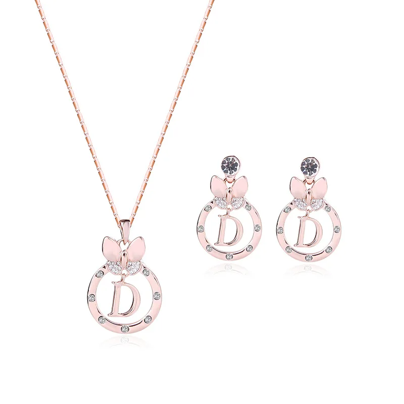 

HC Lovely Round Drop Pendant Girl Kid Jewelry Set Fashion Rose Gold Crystal Letter Bowknot Earrings Necklace Set Children Gift T