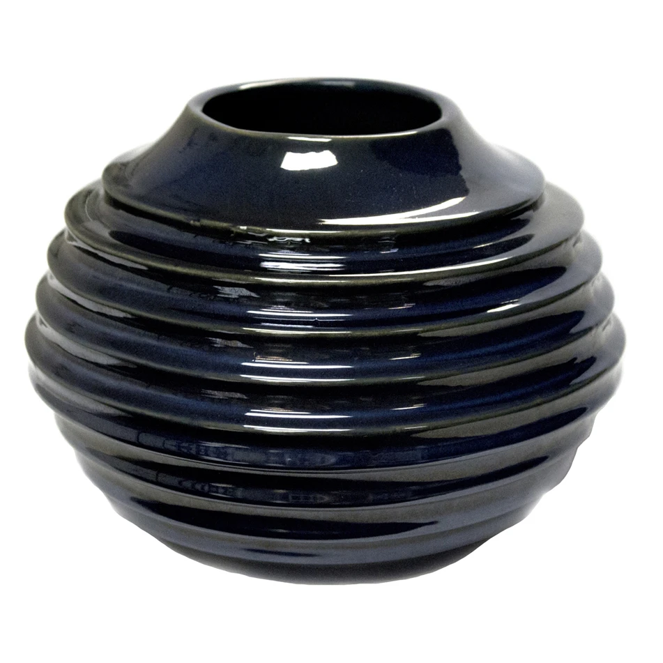 Ringed Stout Ceramic Vase, Blue