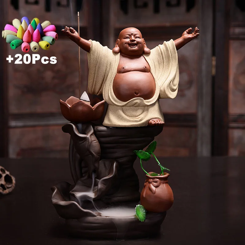 

Gift 20Cones Zen Buddha Mascot Creative Ceramic Backflow Incense Burner Incense Cones Holder Yoga Ornament Assuaging and Calming