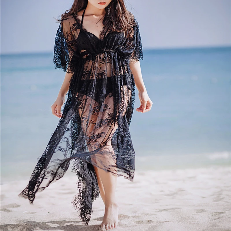 Summer Sexy Hollow Out Black Bikini Cover Up Women Lace Floral Long Maxi Beach Dress High Waist Bathing Suits Cover Up Tops2