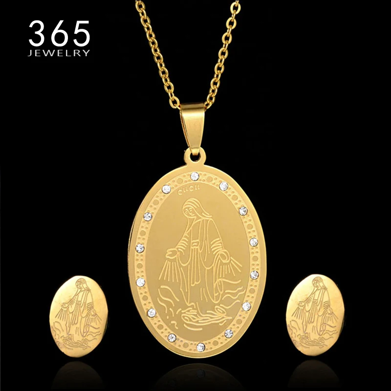 Luxury Dubai Gold Jewelry Stainless Steel Virgin Mary Necklace Set Crystal Pendant Earrings Gold Jewelry Sets for Women
Luxury Dubai Gold Jewelry Stainless Steel Virgin Mary Necklace Set Crystal Pendant Earrings Gold Jewelry Sets for Women