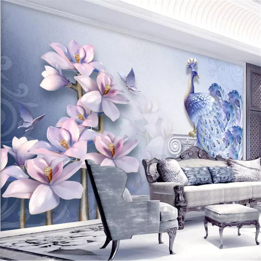 

wellyu Custom wallpaper 3d papel de parede photo murals fresh embossed peacock magnolia TV background wall decorative painting