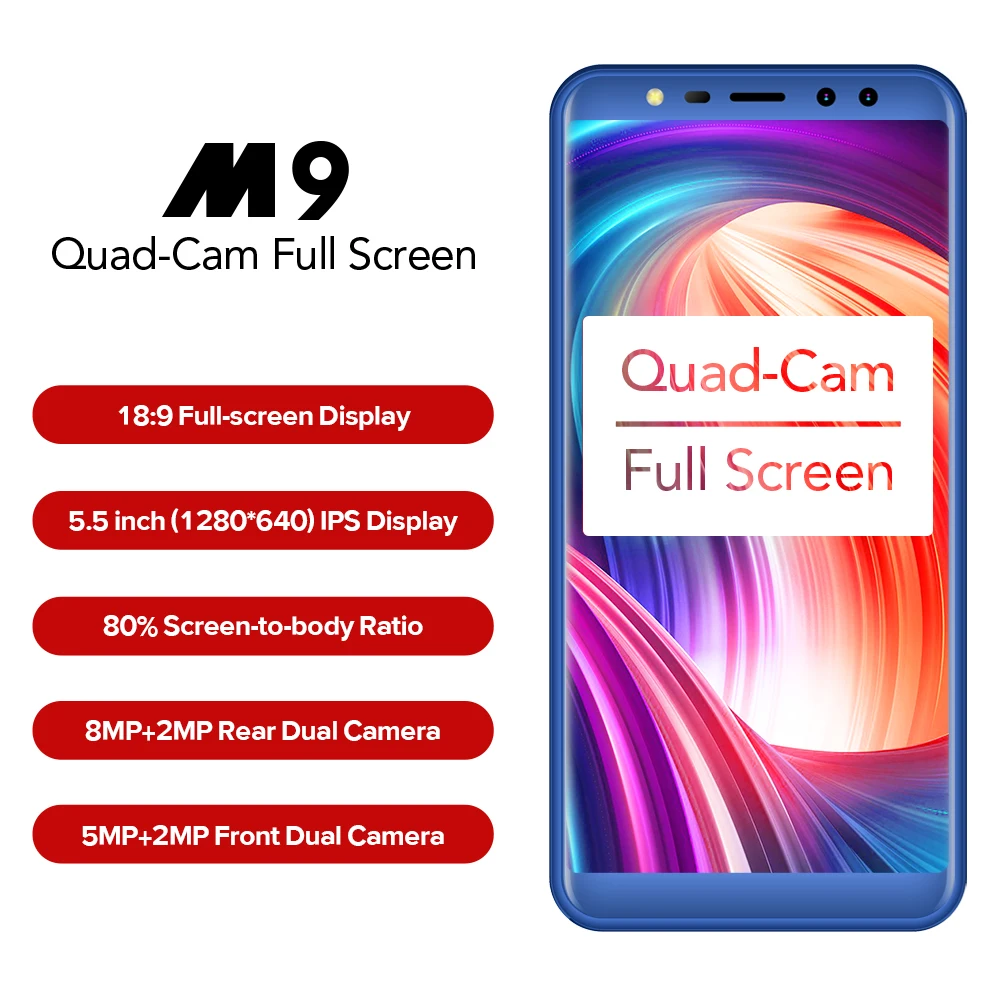 

LEAGOO M9 3G Smartphone 5.5" 18:9 Full Screen Four-Cams Android 7.0 MT6580A Quad Core 2GB+16GB 2850mAh Fingerprint Mobile Phone