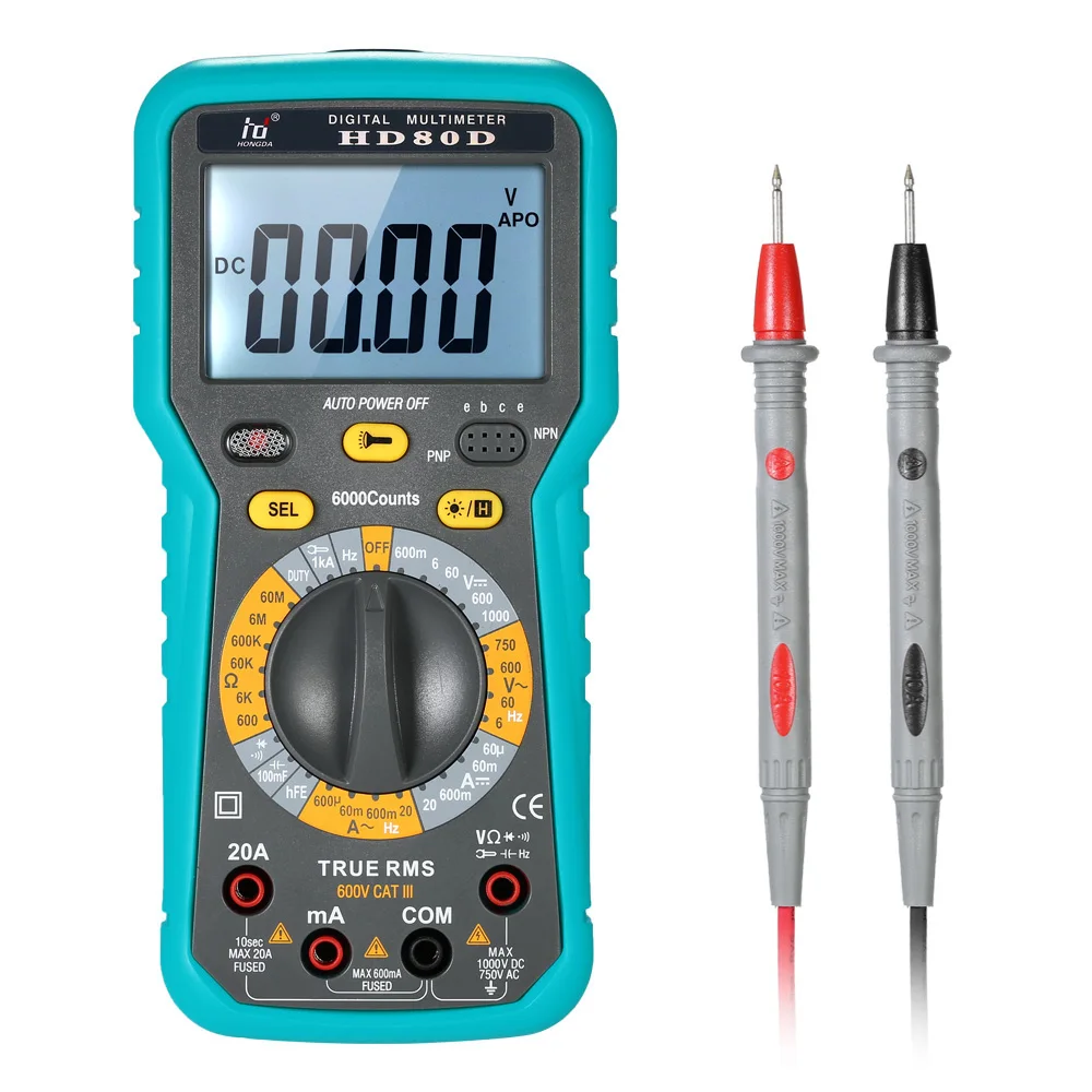 Digital Multimeter LCD with Backlight 6000 Counts Display True RMS AC/DC Voltage Current Meter Resistance Frequency Tester
Digital Multimeter LCD with Backlight 6000 Counts Display True RMS AC/DC Voltage Current Meter Resistance Frequency Tester
