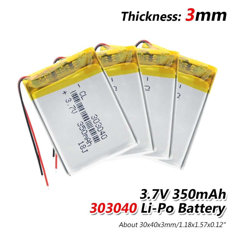 1/2/4Pcs 303040 lithium polymer battery Rechargeable Li-ion Battery 3.7V 350 mAh With PCM For GPS MP3 MP4 MP5 PDA LED Light
1/2/4Pcs 303040 lithium polymer battery Rechargeable Li-ion Battery 3.7V 350 mAh With PCM For GPS MP3 MP4 MP5 PDA LED Light