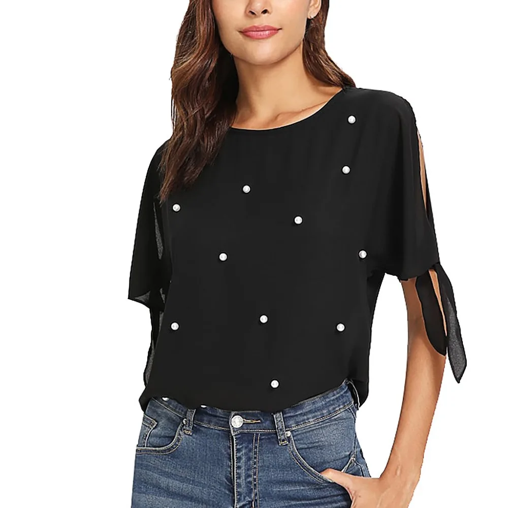 Fashion Women Blouse Casual Pearl Beaded Slit Knot Cuff Bandage O-Neck Shirts Female Short Sleeve Ladies Tops Blusas Mujer BB4
Fashion Women Blouse Casual Pearl Beaded Slit Knot Cuff Bandage O-Neck Shirts Female Short Sleeve Ladies Tops Blusas Mujer BB4
