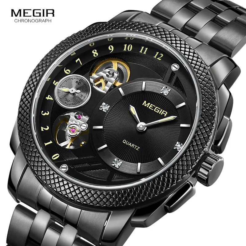 

Megir Decorative Mechanical Movement Quartz Wrist Watches Waterproof Montres Relojios Stainless Steel Clock for Men 2091G-BK-1