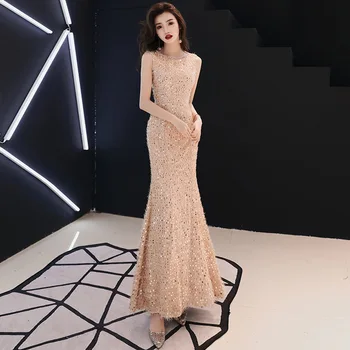 Champagne Sleeveless Evening Dress 2019 O-neck Elegant Mermaid Beading Sequined With Train Prom Gown estelyi ruha 
Champagne Sleeveless Evening Dress 2019 O-neck Elegant Mermaid Beading Sequined With Train Prom Gown estelyi ruha
