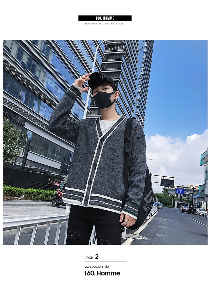 Check Button Cardigan Male Oversize Loose Streetwear (2)