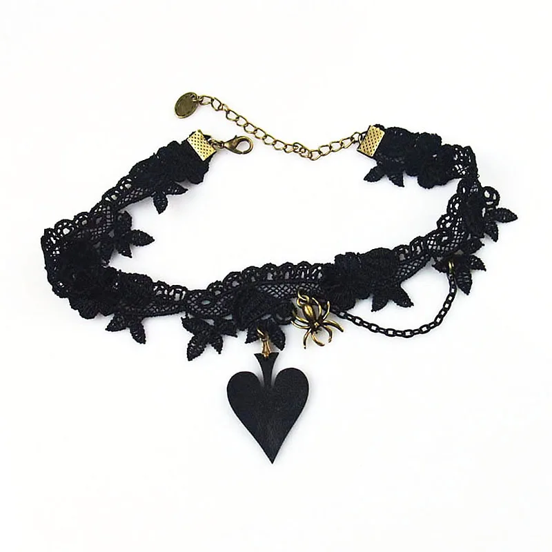 Womens Lady Handmade Lolita Gothic Punk Heart Spade PU Leather Spider Drop Chain Floral Black Lace Choker Short Collar Necklace
Womens Lady Handmade Lolita Gothic Punk Heart Spade PU Leather Spider Drop Chain Floral Black Lace Choker Short Collar Necklace