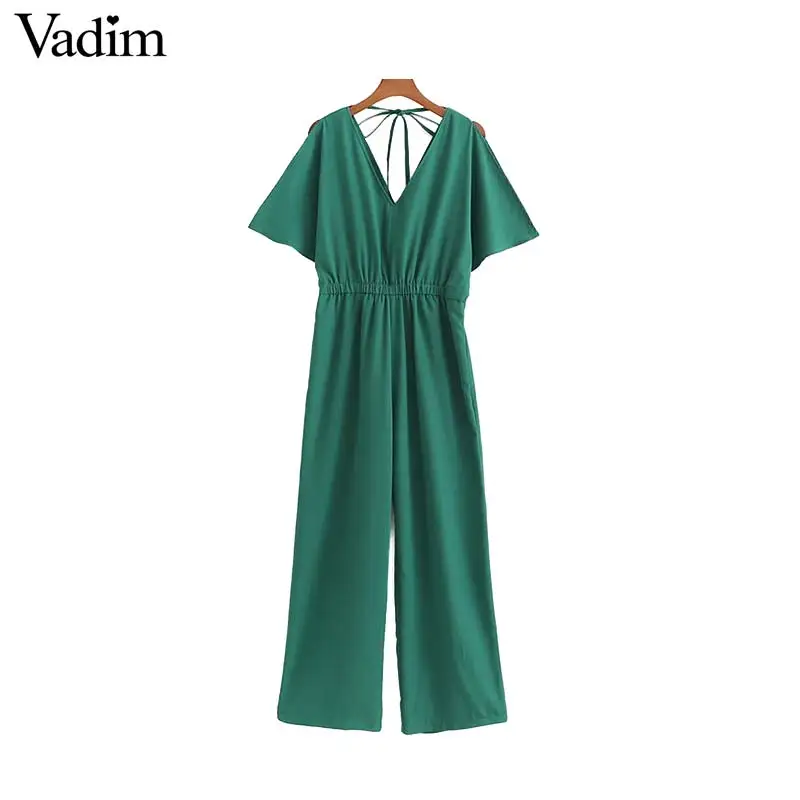 Vadim women elegant solid V neck backless jumpsuits elastic waist pockets female casual summer beach style green playsuits KA872
Vadim women elegant solid V neck backless jumpsuits elastic waist pockets female casual summer beach style green playsuits KA872