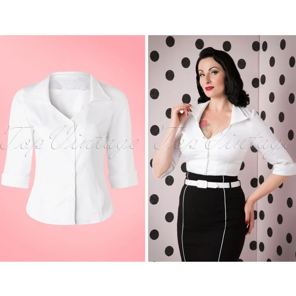 40- women vintage 50s classic Mona 3/4 sleeve blouse pinup fold over collar v neckline white shirt plus size blusas femininas
40- women vintage 50s classic Mona 3/4 sleeve blouse pinup fold over collar v neckline white shirt plus size blusas femininas