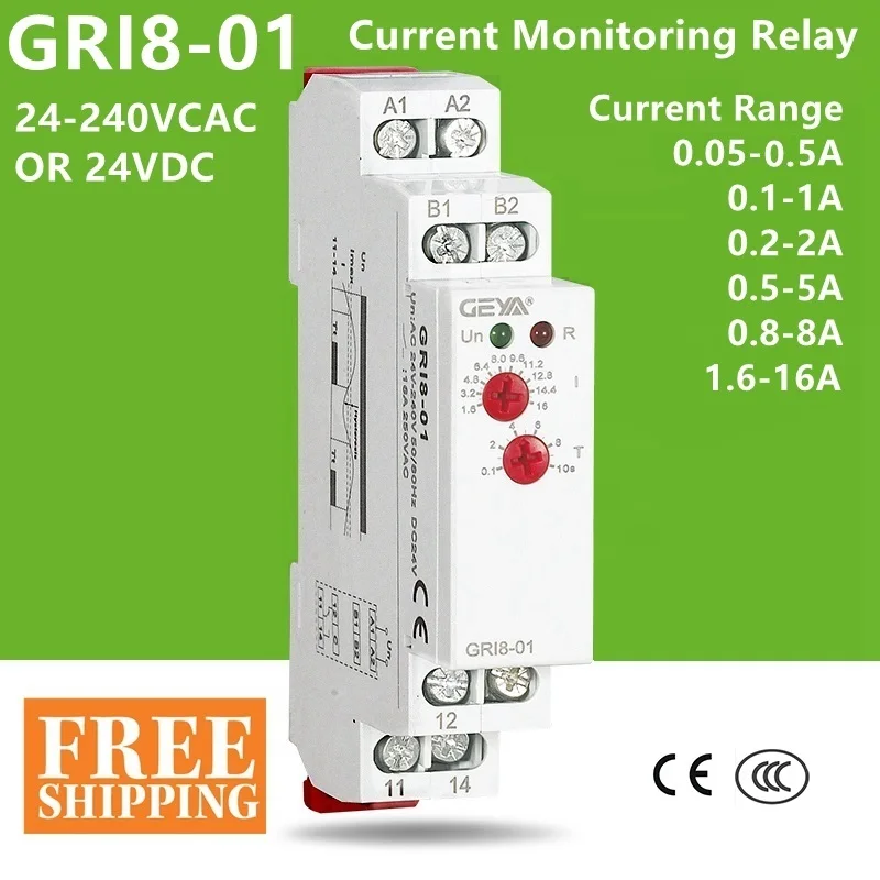 Current Monitoring Relay GRI8-01 Current Range 0.5A 1A 2A 5A 8A 16A AC24V-240V DC24V Overcurrent Protection Relay
Current Monitoring Relay GRI8-01 Current Range 0.5A 1A 2A 5A 8A 16A AC24V-240V DC24V Overcurrent Protection Relay