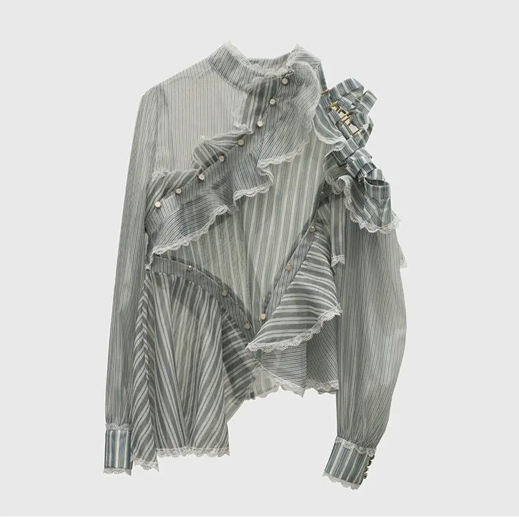2018 Spring New Women Striped Printing Runway Shits Female Stand Collar Off The Shoulder Irregular Chiffon Blouse Women Tops
2018 Spring New Women Striped Printing Runway Shits Female Stand Collar Off The Shoulder Irregular Chiffon Blouse Women Tops