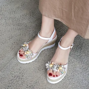 PXELENA Weaving Wedge High Heels Women Sandals Real Genuine Leather Pearl Flower Crystal Platform Wedding Shoes White Bride 2019
PXELENA Weaving Wedge High Heels Women Sandals Real Genuine Leather Pearl Flower Crystal Platform Wedding Shoes White Bride 2019