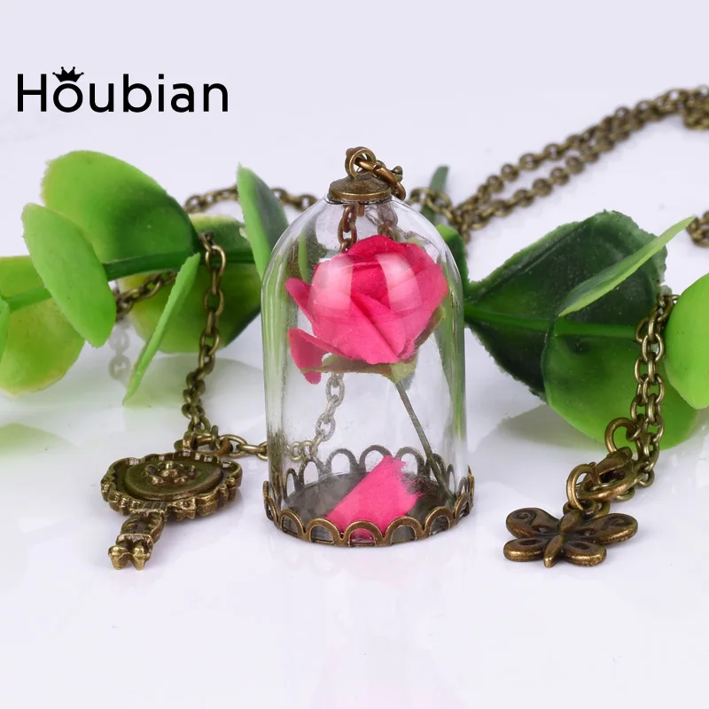 Houbian 2 Pcs/Pack Retro Crystal Glass Vial Necklace Little Prince Rose Natural Dried Flowers Christmas Gifts | Украшения и