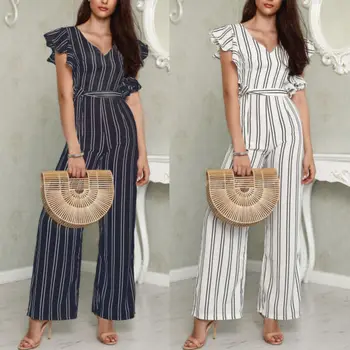 Fashion Ladies Women Summer Jumpsuit Ruffles Lace up Sleeveless V Neck Striped Casual Wide Leg Pant Summer Chic Ladies
Fashion Ladies Women Summer Jumpsuit Ruffles Lace up Sleeveless V Neck Striped Casual Wide Leg Pant Summer Chic Ladies
