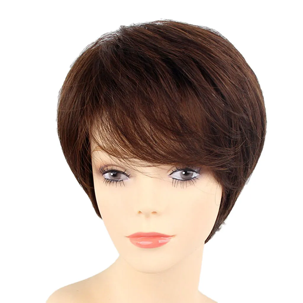

Fashion Fringe Hairstyle Real Human Hair Wig Women Shaggy Short Straight Full Wigs with Oblique Bangs with Cap Natural Brown