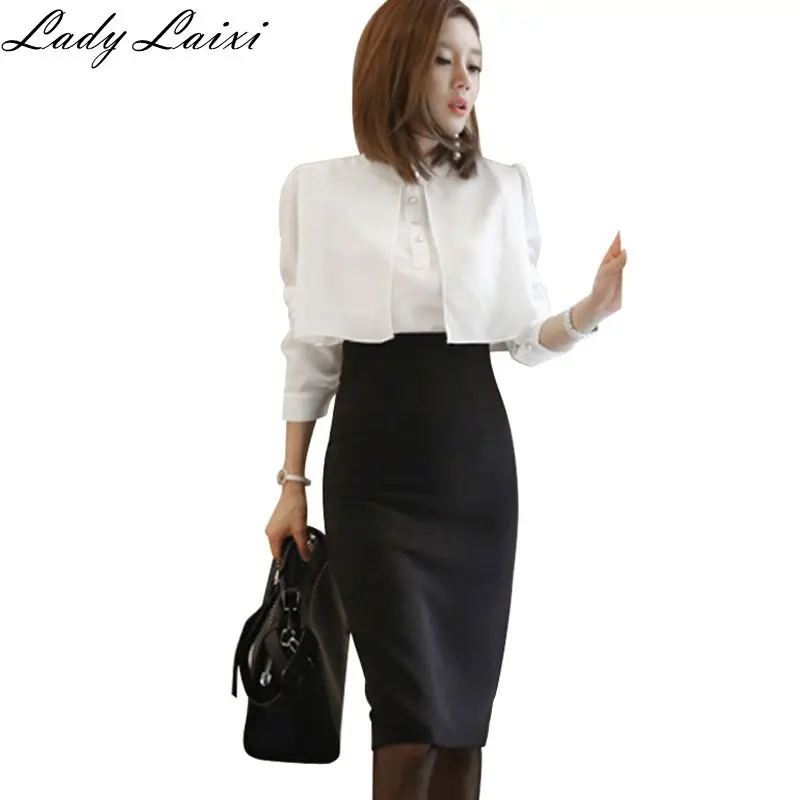 Business 2 Piece Set Women Autumn White Cape Long Sleeve Pearl Blouse Shirt+Black Split Pencil Bodycon Skirt Suit Set
Business 2 Piece Set Women Autumn White Cape Long Sleeve Pearl Blouse Shirt+Black Split Pencil Bodycon Skirt Suit Set