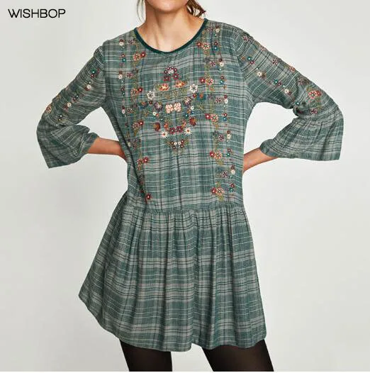 2017 Spring Grey Green SHORT CHECK floral embroidery DRESS 3/4 Sleeved with Ruffles Pleated Flounced Hem velvet Round Neck
2017 Spring Grey Green SHORT CHECK floral embroidery DRESS 3/4 Sleeved with Ruffles Pleated Flounced Hem velvet Round Neck