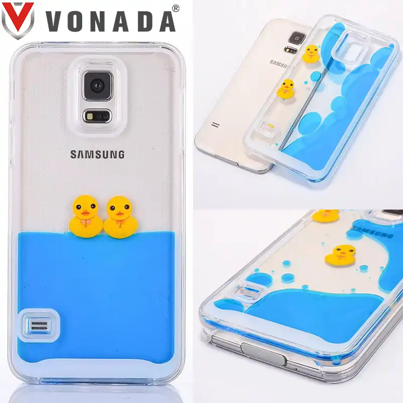 Vonadaかわいいケース三星ギャラクシーs5ユニークなフローティング水泳液体ラバーダックブルー水pcハード電話ケースカバー サムスンギャラクシー 電話 ケース三星銀河 Gooum