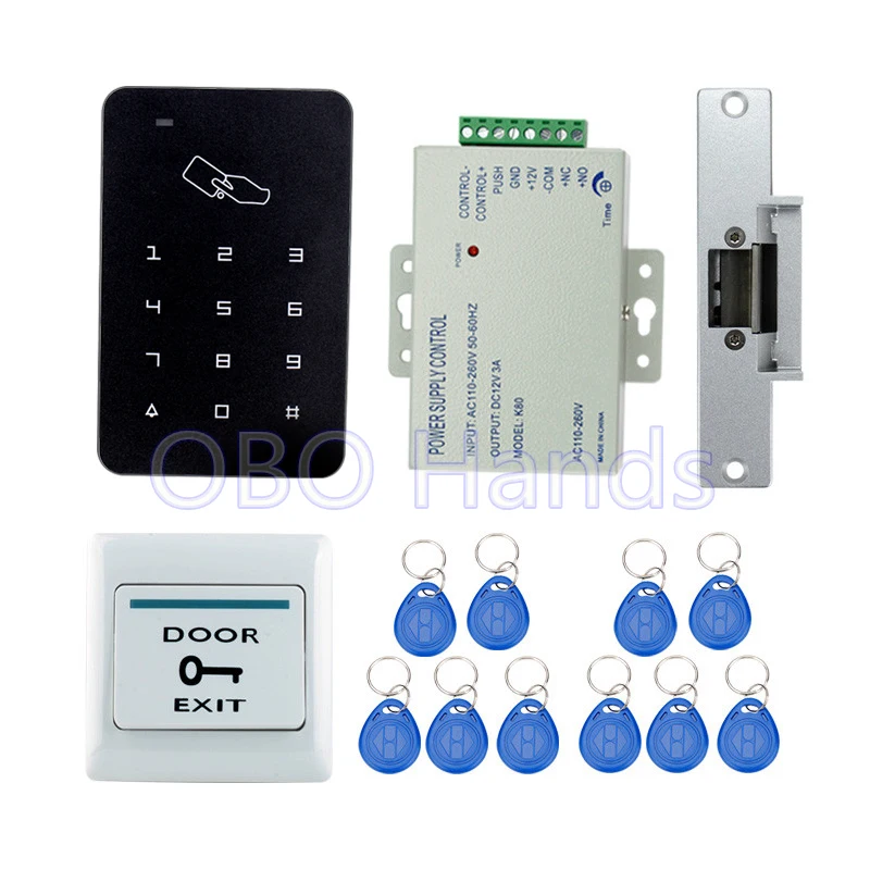 Full complete RFID door access control system kit digital keypad+3A/12V power supply+electric strike lock+10pcs ID key cards
Full complete RFID door access control system kit digital keypad+3A/12V power supply+electric strike lock+10pcs ID key cards
