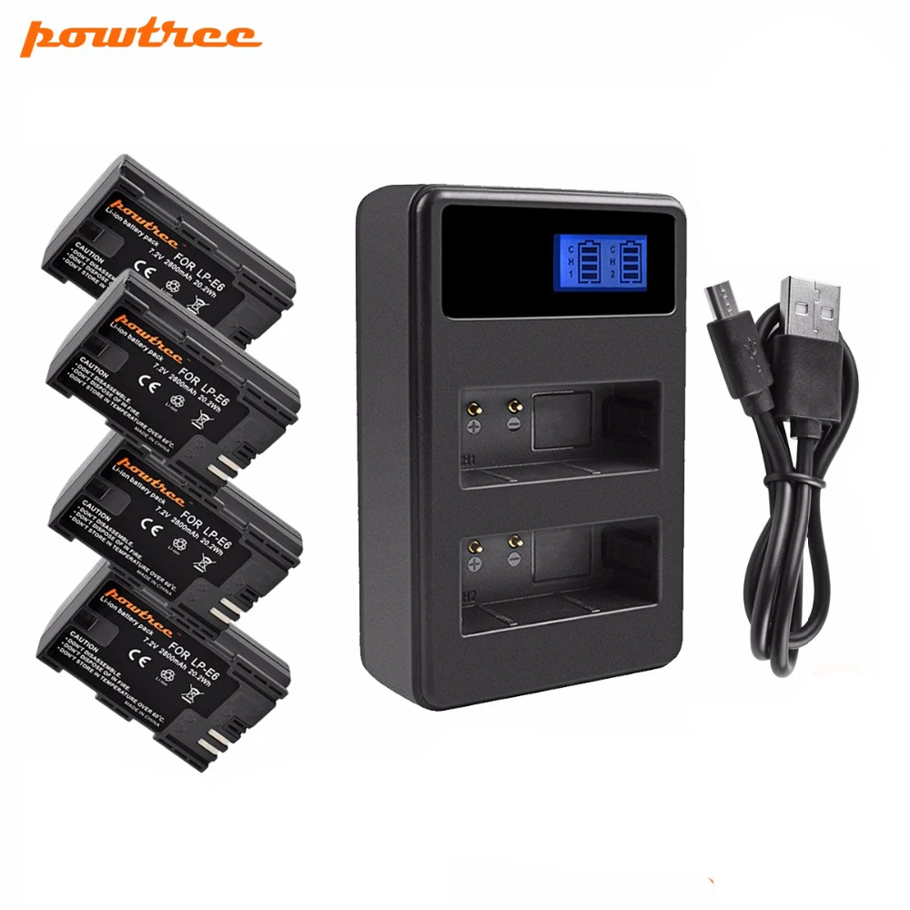 Аккумуляторная батарея Powtree для Canon 4x LP E6 + двойное зарядное устройство ЖК дисплея