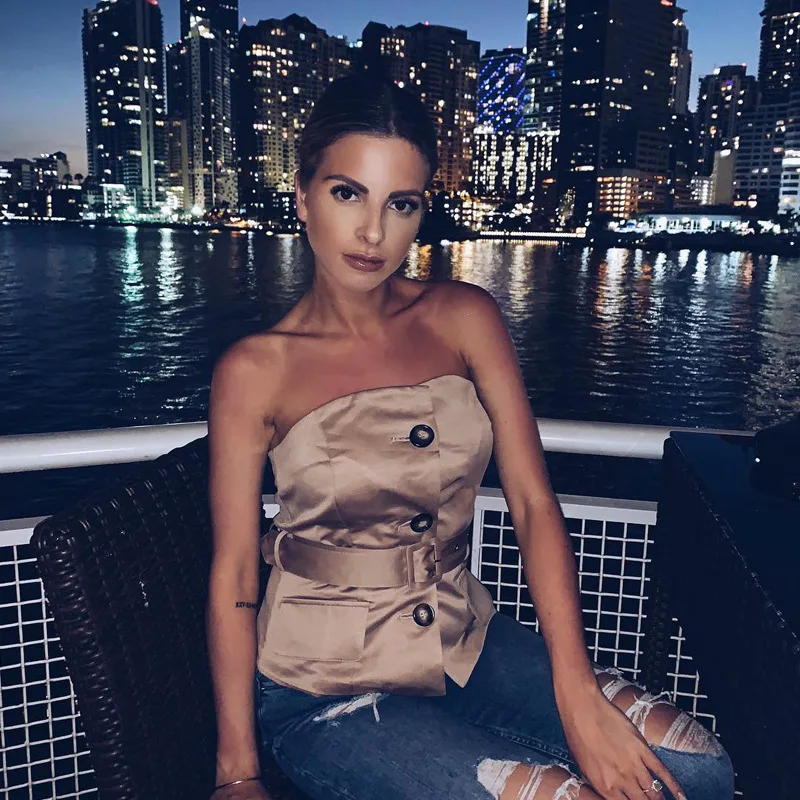 2019 Summer Sexy Strapless Slash Neck Slim Crop Tops Women Solid Single Breasted Fake Pocket Tube Tops With Belt
2019 Summer Sexy Strapless Slash Neck Slim Crop Tops Women Solid Single Breasted Fake Pocket Tube Tops With Belt