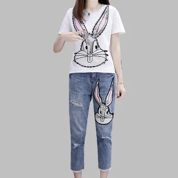 HAMALIEL Spring Summer Women White Sequins T Shirts Pants Suits Casual Cratoon Printed Cotton Tshirt And Hole Denim Trousers Set
HAMALIEL Spring Summer Women White Sequins T Shirts Pants Suits Casual Cratoon Printed Cotton Tshirt And Hole Denim Trousers Set