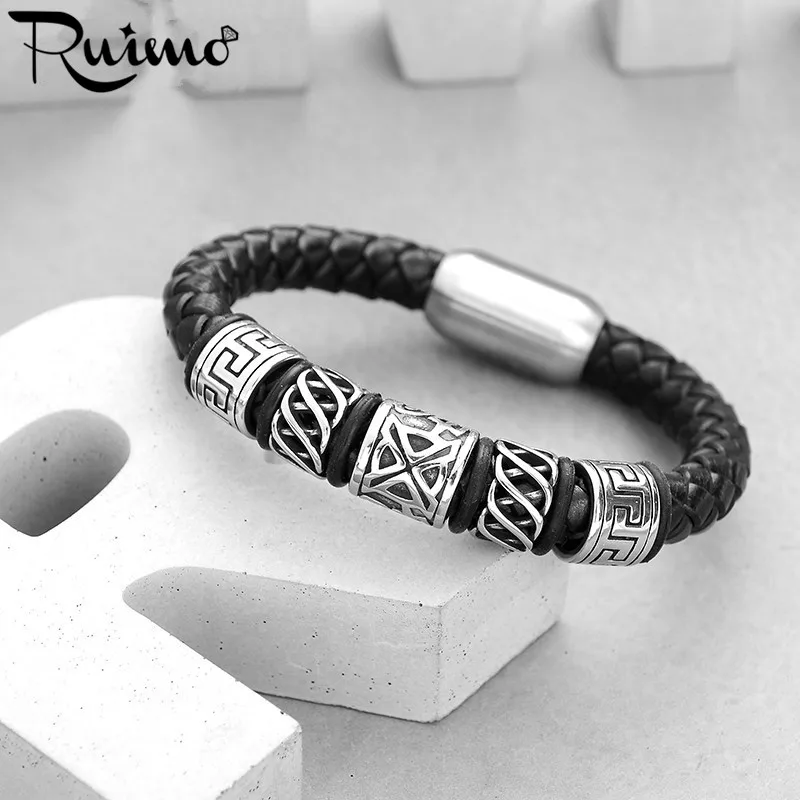 

REAMOR Trendy Men Black Leather Bracelet 316l Stainless steel Tibetan Totem Bead Bracelets with Strong Magnet Clasp