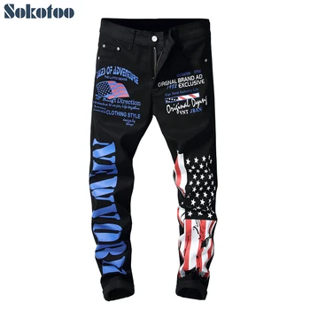Sokotoo Men's American flag black printed jeans Slim fit letters colored painted pants
Sokotoo Men's American flag black printed jeans Slim fit letters colored painted pants