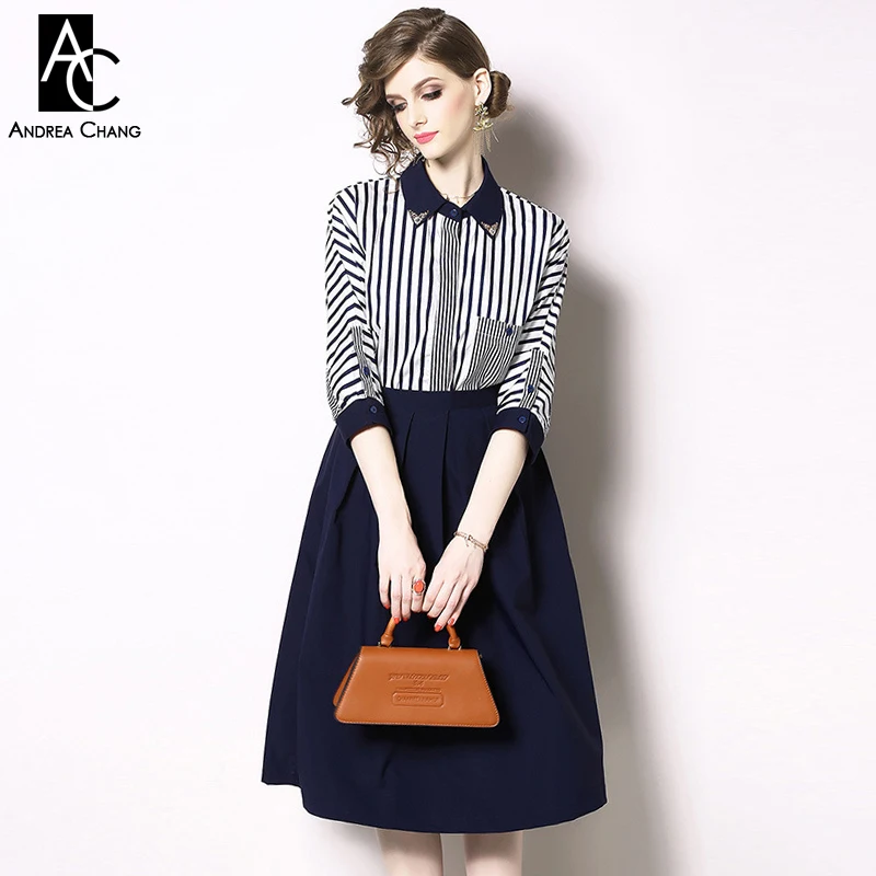 S-XXL spring summer woman clothing set beading collar 3/4 sleeve blue white strip pattern shirt + calf length skirt outfit suit
S-XXL spring summer woman clothing set beading collar 3/4 sleeve blue white strip pattern shirt + calf length skirt outfit suit