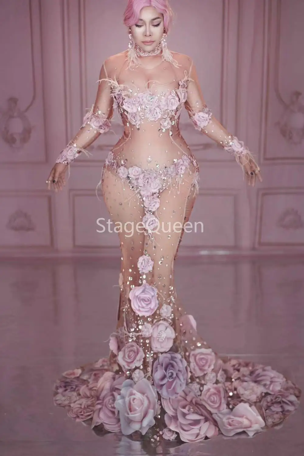 Fashion Design Pink Flowers See Through Long Dress 3D Pattern Mesh Stretch Birthday Party Dress Women Singer Performance Costume
Fashion Design Pink Flowers See Through Long Dress 3D Pattern Mesh Stretch Birthday Party Dress Women Singer Performance Costume