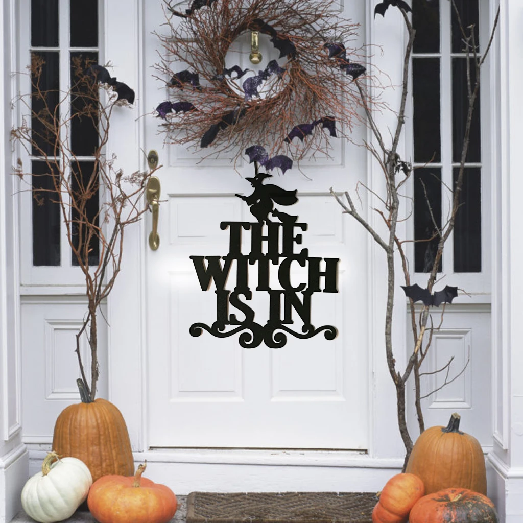 

1pcs Black Harror The Witch Is In Hanging Pendants Halloween Ornaments Decor Halloween Accessories Props Indoor/Outdoor Specter