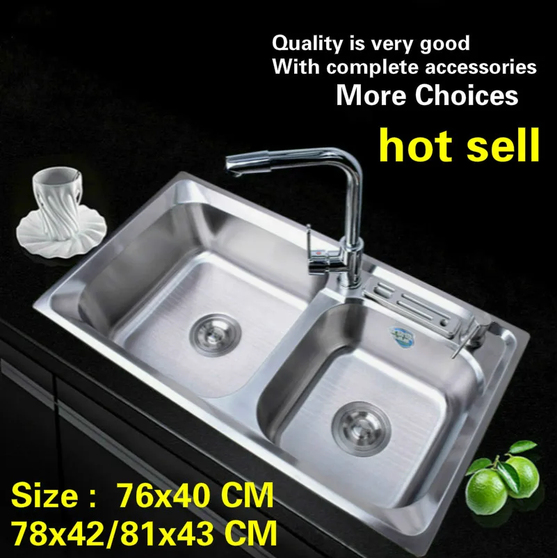 

Free shipping Hot sell standard kitchen double groove sink durable 304 stainless steel wash the dishes big 76x40/78x42/81x43 CM