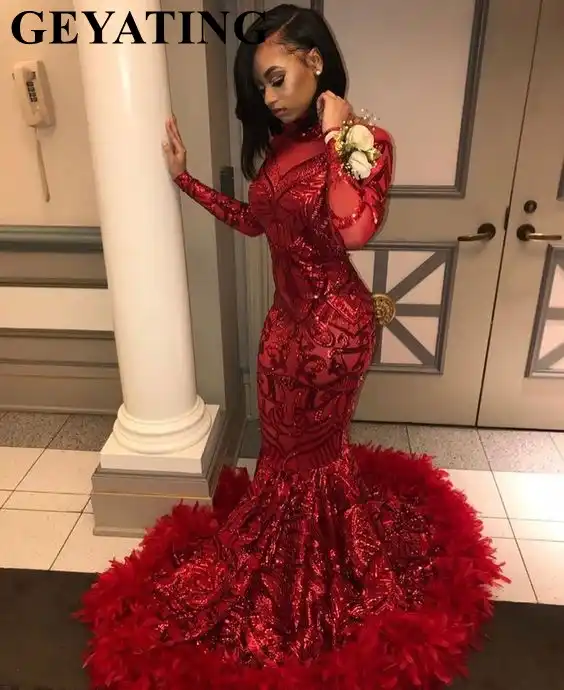 red mermaid prom dress with ruffle bottom