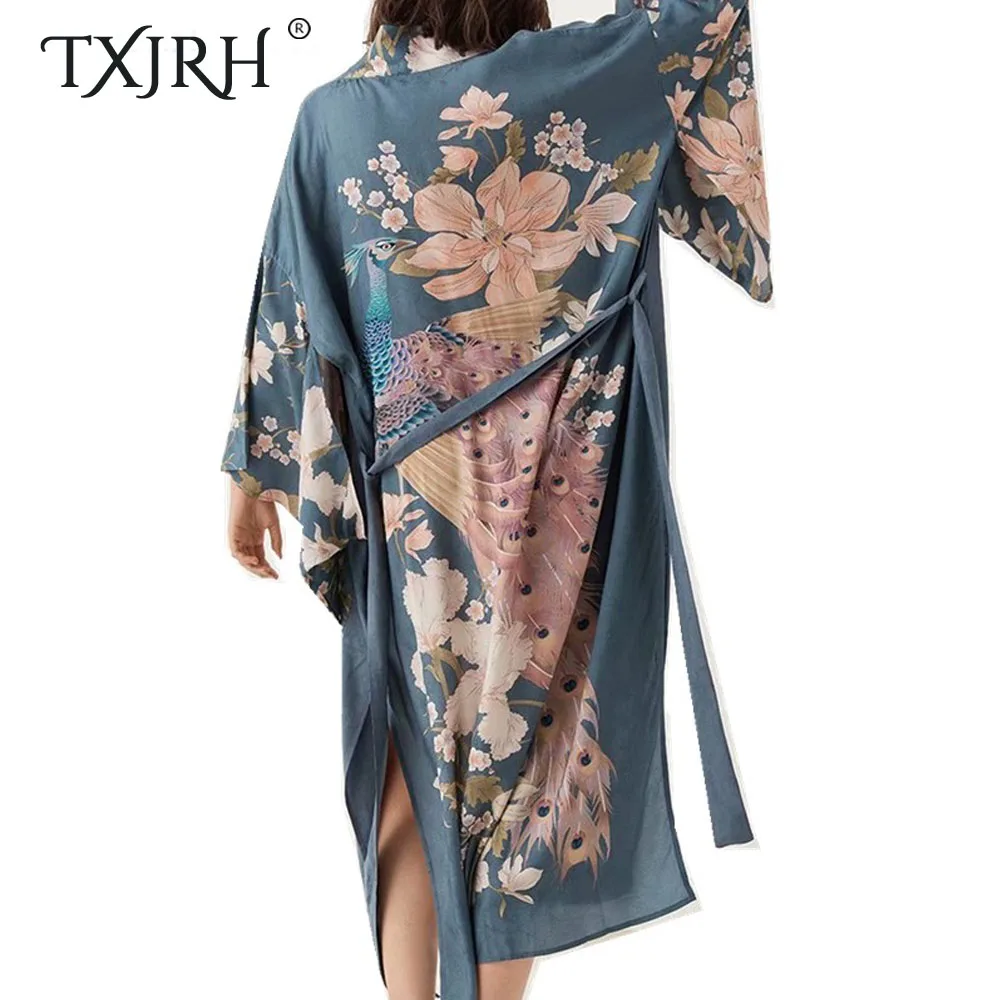 TXJRH 2019 Bohemian Ethnic Peacock Floral Print Long Kimono Cardigan Shirt Tied Bow Sashes Loose Blue Blouse Split Hem Women Top
TXJRH 2019 Bohemian Ethnic Peacock Floral Print Long Kimono Cardigan Shirt Tied Bow Sashes Loose Blue Blouse Split Hem Women Top