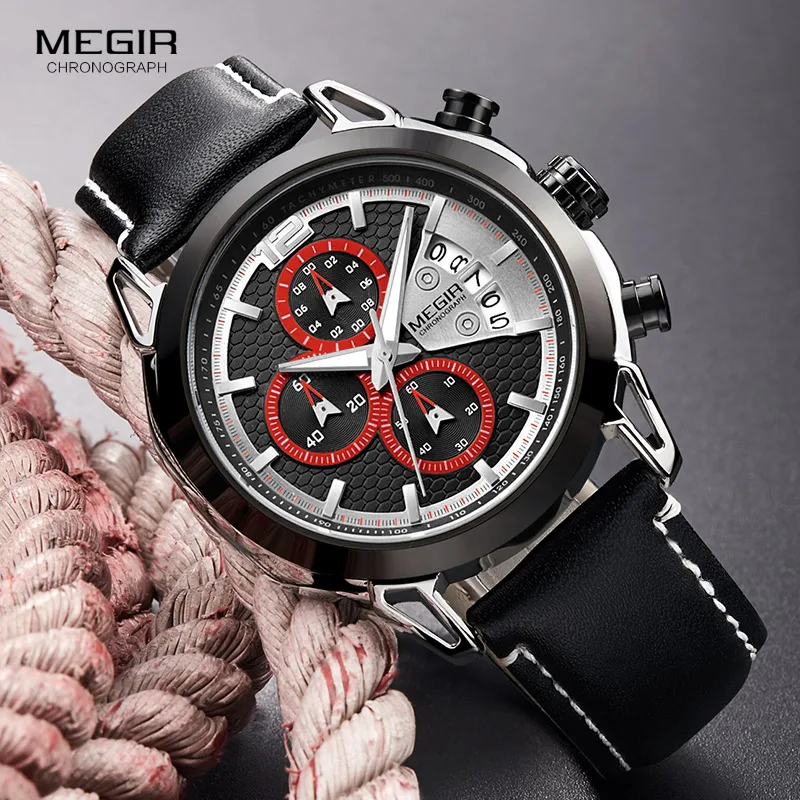 

MEGIR Men's Chronograph Quartz Watches Leather Strap Waterproof Sports Analogue Wrist Watch for Man Luminous Hands 2071GS-BK-1