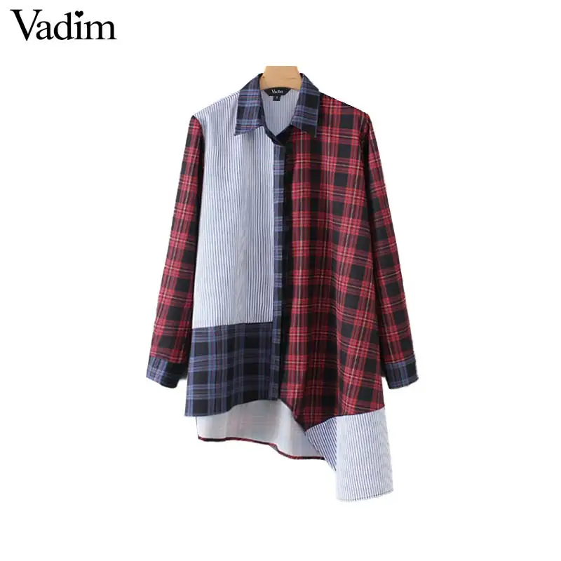 Vadim women plaid striped patchwork blouse long sleeve turn down collar pleated shirts female casual asymmetrical tops LA509
Vadim women plaid striped patchwork blouse long sleeve turn down collar pleated shirts female casual asymmetrical tops LA509