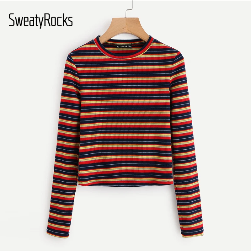 

SweatyRocks Colourful Striped Active Tee Slim Fit Long Sleeve Top 2018 Autumn Color Block Women Casual T shirt