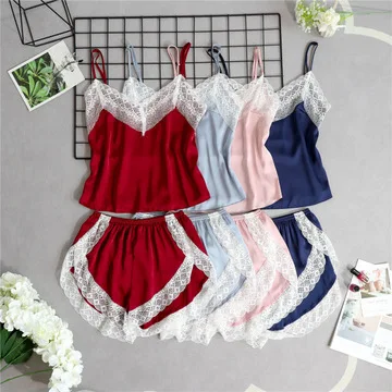 Women Sleep Lounge Lace Trim Silk Cami and Shorts Pajamas Set Ladies Spaghetti Strap Sexy Summer Sleepwear Homewear Nightwear
Women Sleep Lounge Lace Trim Silk Cami and Shorts Pajamas Set Ladies Spaghetti Strap Sexy Summer Sleepwear Homewear Nightwear