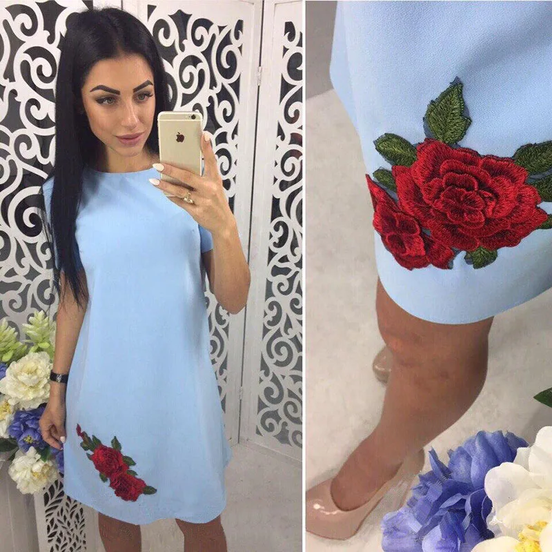 light blue Rose Print Straight Dress Casual Casual Short Sleeve Dress.
